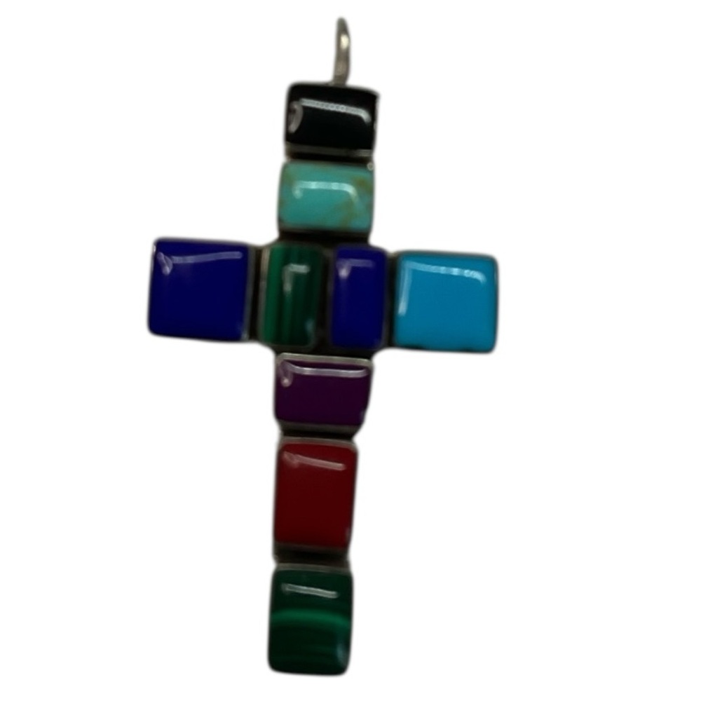 Handcrafted ATL Taxco Mexico Sterling Silver Multi-Gemstone Inlay Cross Pendant - Picture 9 of 10